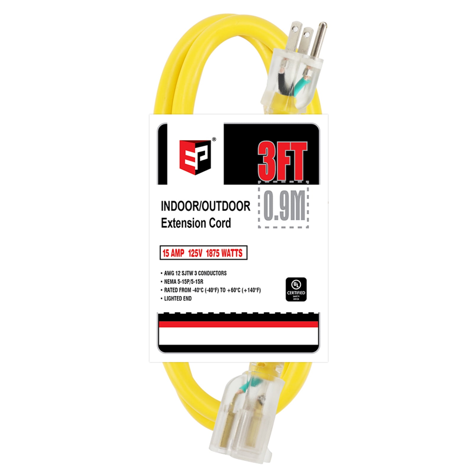 EP 3 Ft 12/3 SJTW Yellow Outdoor/Indoor Extension Cord, 12 Gauge
