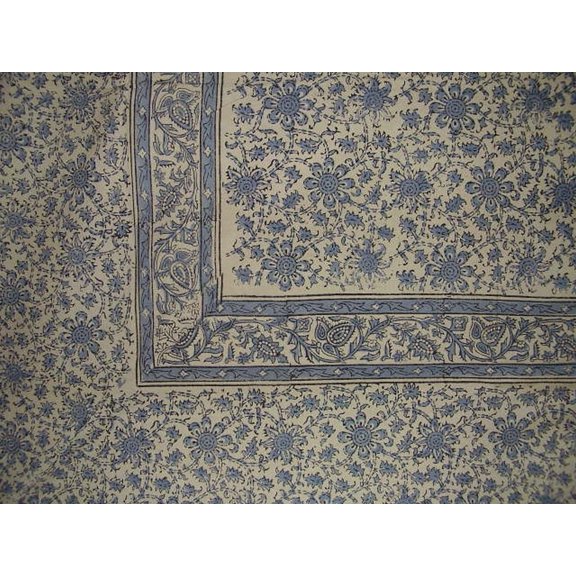 Daisy Chain Block Print Tapestry Cotton Bedspread 108" x 88" Full-Queen Blue