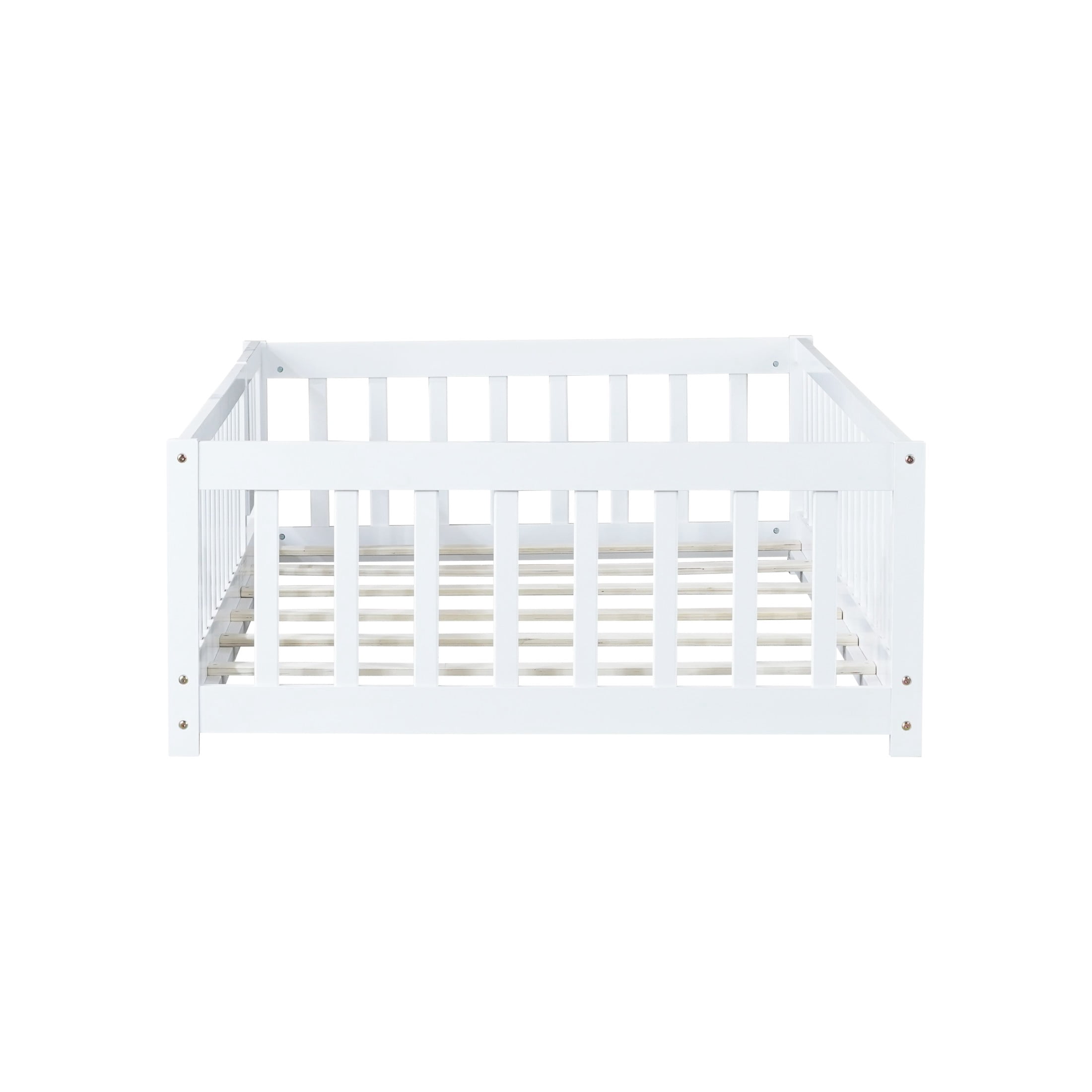 Noble House Mira Twin Floor Bed with Fence and Door, Sturdy Rubber Wood Montessori Bed Frame, Kid's Room, White
