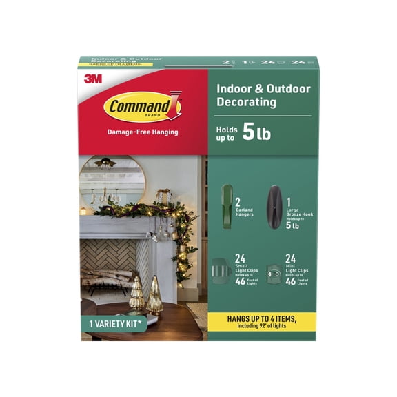 Command Holiday Decorating Kit, Indoor & Outdoor Use, Holds up to 5 lb., Hang up to 92 ft. of Lights and 4 Decorations