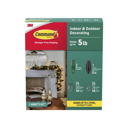 Command Holiday Decorating Kit, Indoor & Outdoor Use, Holds up to 5 lb., Hang up to 92 ft. of Lights and 4 Decorations