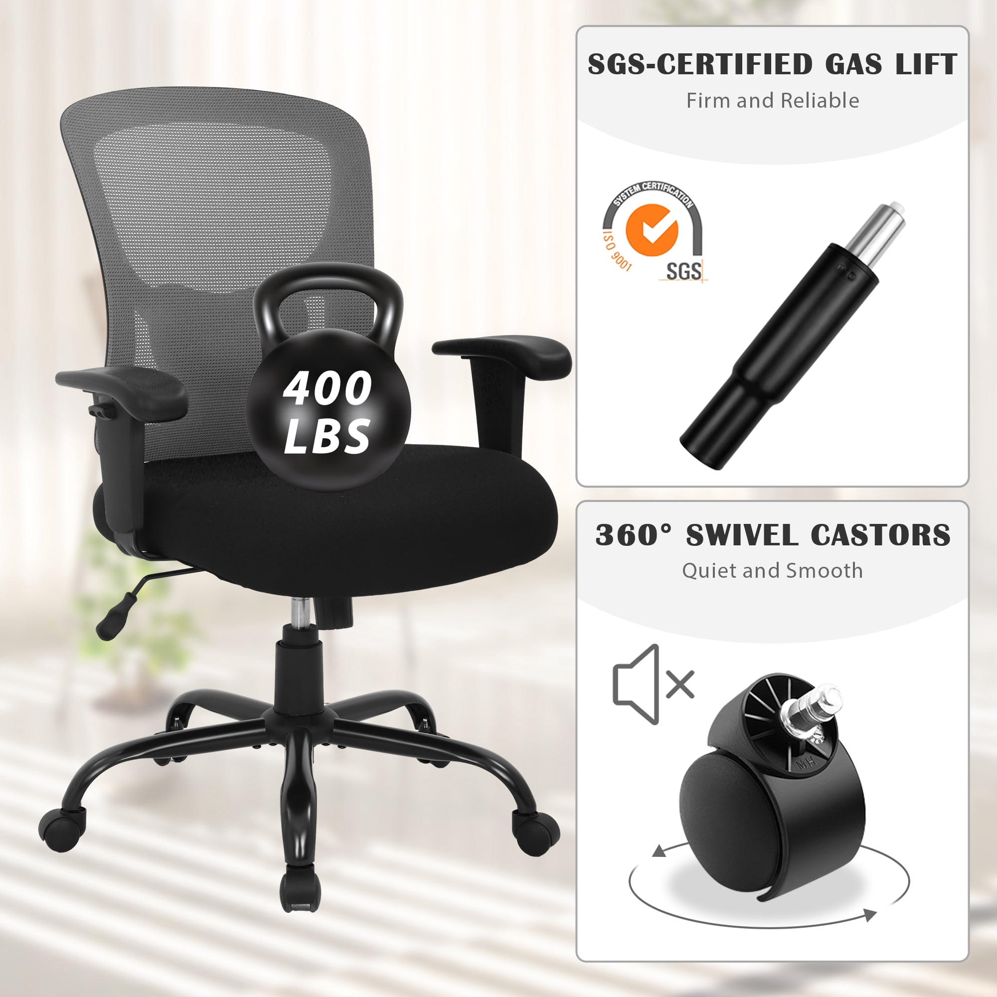 CL.HPAHKL Office Chair Ergonomic Desk Chair, 400lbs Big and Tall Mesh Chair, Computer Chair with Adjustable Arms & Seat Height, Rolling Swivel PC Chair for Home Office, Grey