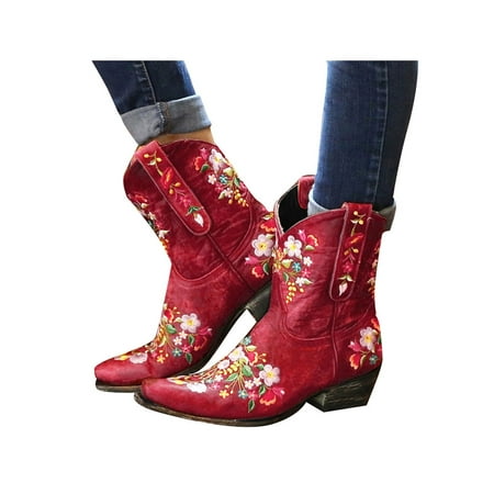 

Audeban Womens Retro Embroidery Round Toe Boots Ankle Low Heel Riding Boots Pull on Shoes Size 4-12