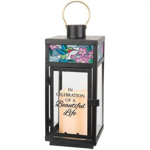 Carson Home Accents 397540 Lantern with Flameless LED Candle & Timer - Stained Glass & In Celebration of A Beautiful Life - 4.25 x 12 x 4.25 in.