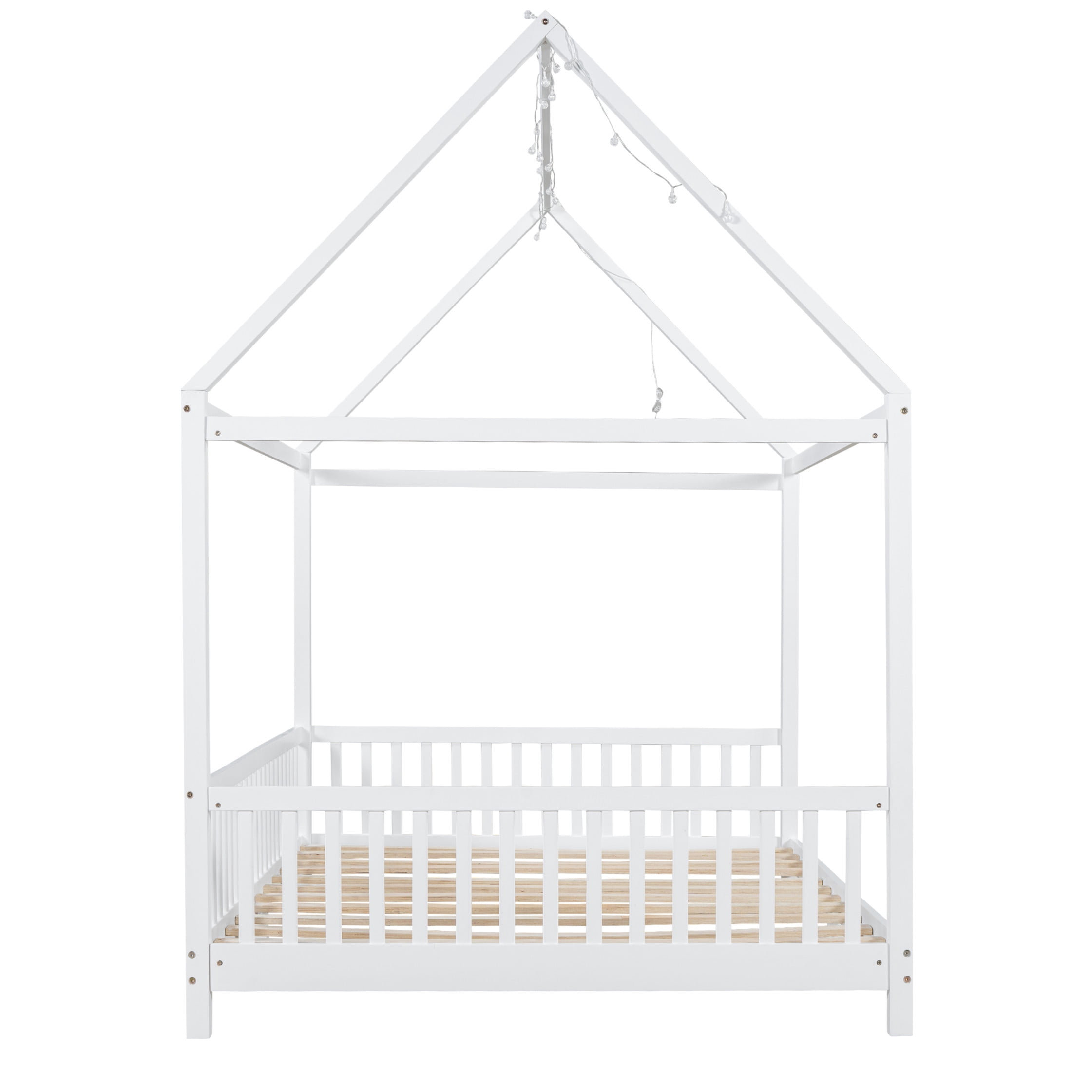 Noble House Auburn Full Size Wood House Bed with Integrated Guardrail and LED Lights, Sturdy 4-Poster Play Bed, White