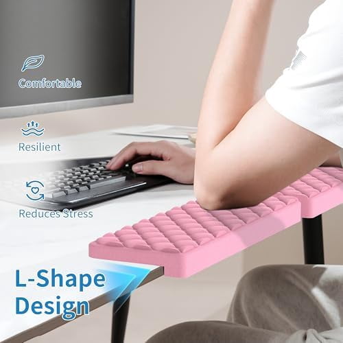 Quivanta L-Shaped Desk Elbow Pad for Desk, Memory Foam Elbow Support Padding with Non-Slip, 2-Piece Ergonomic Desk Edge Cushion, Wrist Comfort Support for Office Home (Pink Diamond Texture)