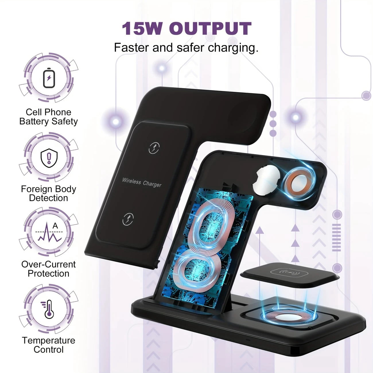 15W Fast Charging 3-in-1 Wireless Charger for iPhone 15 Pro/14 Pro/Pro Max, Apple Watch & AirPods, Black