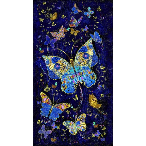 24" X 44" Panel Butterflies Butterfly Moths Golden Shimmer Wings of Gold Timeless Treasures Navy Fabric Yard Cotton Fabric Panel (PANEL-CM2600-NAVY)