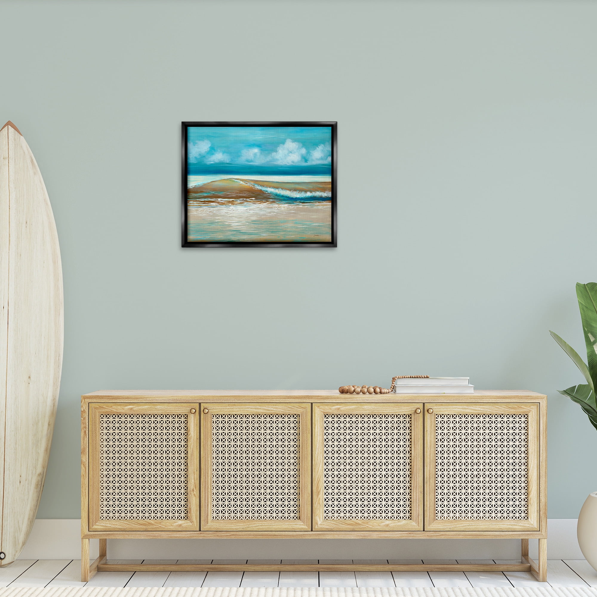 Stupell Industries Modern Rolling Sea Waves Landscape Painting Black Floater Framed Canvas Art Print Wall Art, 31 x 25