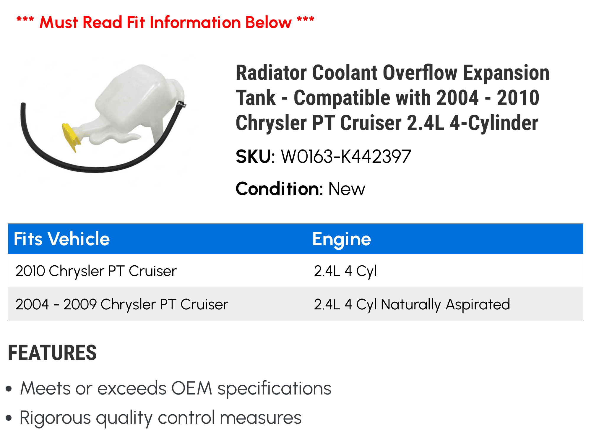 Radiator Coolant Overflow Expansion Tank - Compatible with 2004 - 2010 Chrysler PT Cruiser 2.4L 4-Cylinder 2005 2006 2007 2008 2009