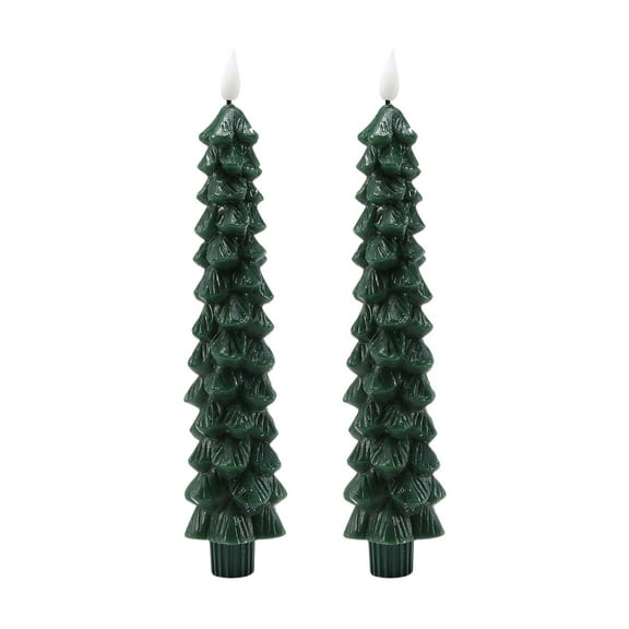 Nmdmisc 2Pcs Christmas Flameless Taper Candles,9.7" Real Wax Battery Operated Green Christmas Tree Candle Lights Candlesticks with 3D Flame for Home Windows Fireplace Decor