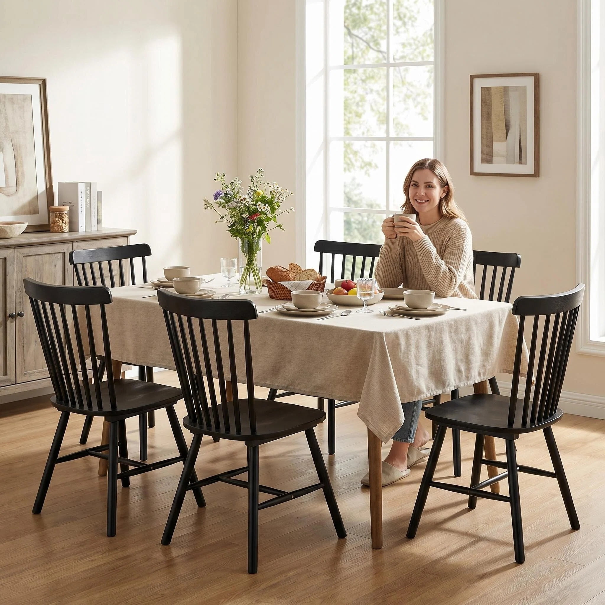 BSHTI Solid Wood Dining Chairs, Set of 4, Spindle Back Kitchen Chairs with H-Style Legs, Classic Farmhouse Dining Room Chairs, Black