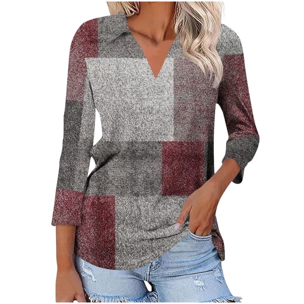 Camiseta de Solapa de Cuello en V de la Manga Superior de 3/4 de las Mujeres, Uso Diario Cómodo Casual