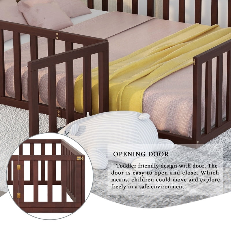 Queen Size Wood Floor Bed with Door & Fence, Montessori Bed Frame with Full Length Safety Guardrails, Wood Queen Bed with Slats, No Box Spring Needed-Walnut