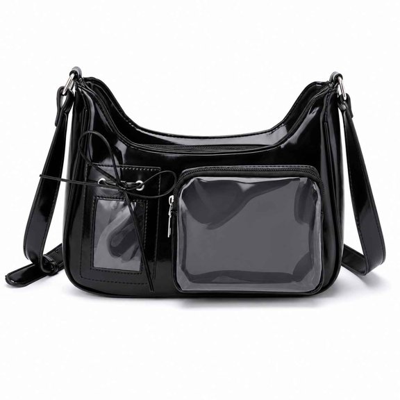 Women's Patent Leather Crossbody Bag, Black Multi Pocket Shoulder Purse with Adjustable Strap, Small Hobo Handbag
