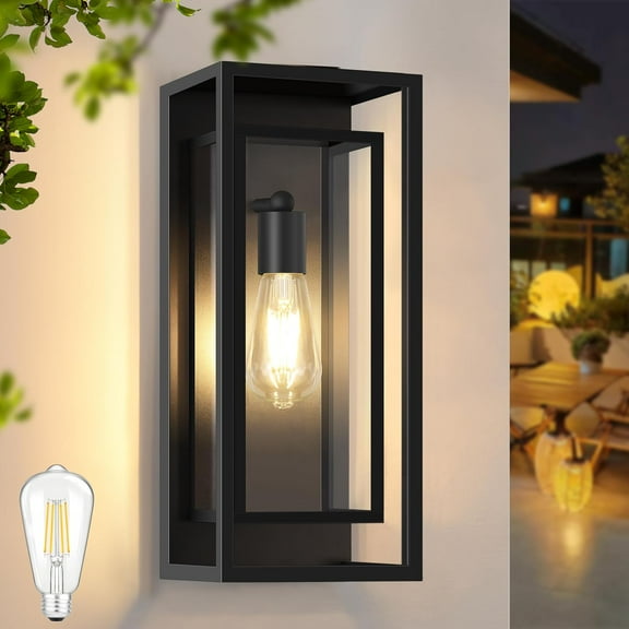16.5'' Large Outdoor Wall Lights, 1 Pack Matte Black Exterior Waterproof Lanterns with Frame and Clear Glass Shade, Modern Porch Sconces Wall Mounted Lighting for House, Front Door, Garage
