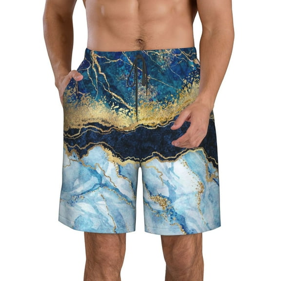 Lukts Blue Marble Gold Foil And Glitter Decor Mens Swim Trunks Quick Dry Swim Shorts With Funny Beach Shorts