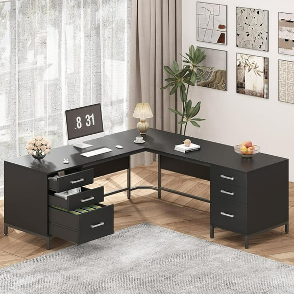 TVU 59’‘ L Shaped Desk with 6 Drawers, Large Home Office Corner Computer Desk with Storage File Cabinet, Modern Metal Wood Desk for Executive Writing Study Workstation (Black)