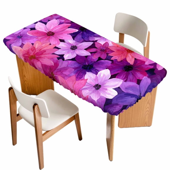 Watercolor Flowers Table Cloths for 4 Foot Rectangle Tables, Spring Floral Country Pink Purple Patio Waterproof Elastic Fitted Tablecloths, Washable Rectangular Table Cover for Camping
