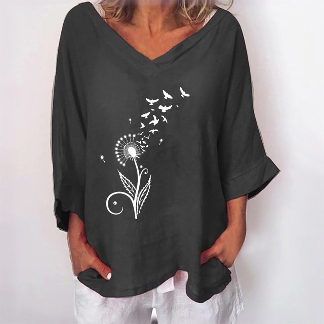 LOVZFMLL Tops Hauts d'Été pour Femmes Mode Imprimé Col en V Manches Trois-Quarts T-shirt Blouse Amples