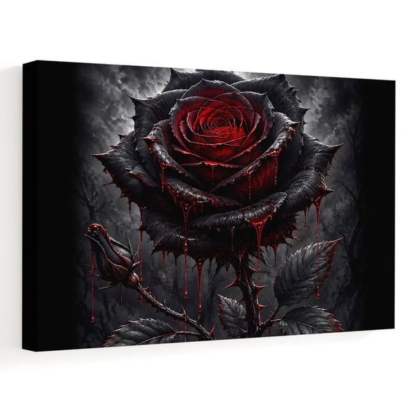 Dark Black Rose Canvas Wall Art, Vintage Mysterious Whimsical Spooky Red Flower Wall Art Prints Artwork Framed Canvas Ready to Hang Art Pictures for Bathroom Bedroom Entry Desk Corner 10" x 8"
