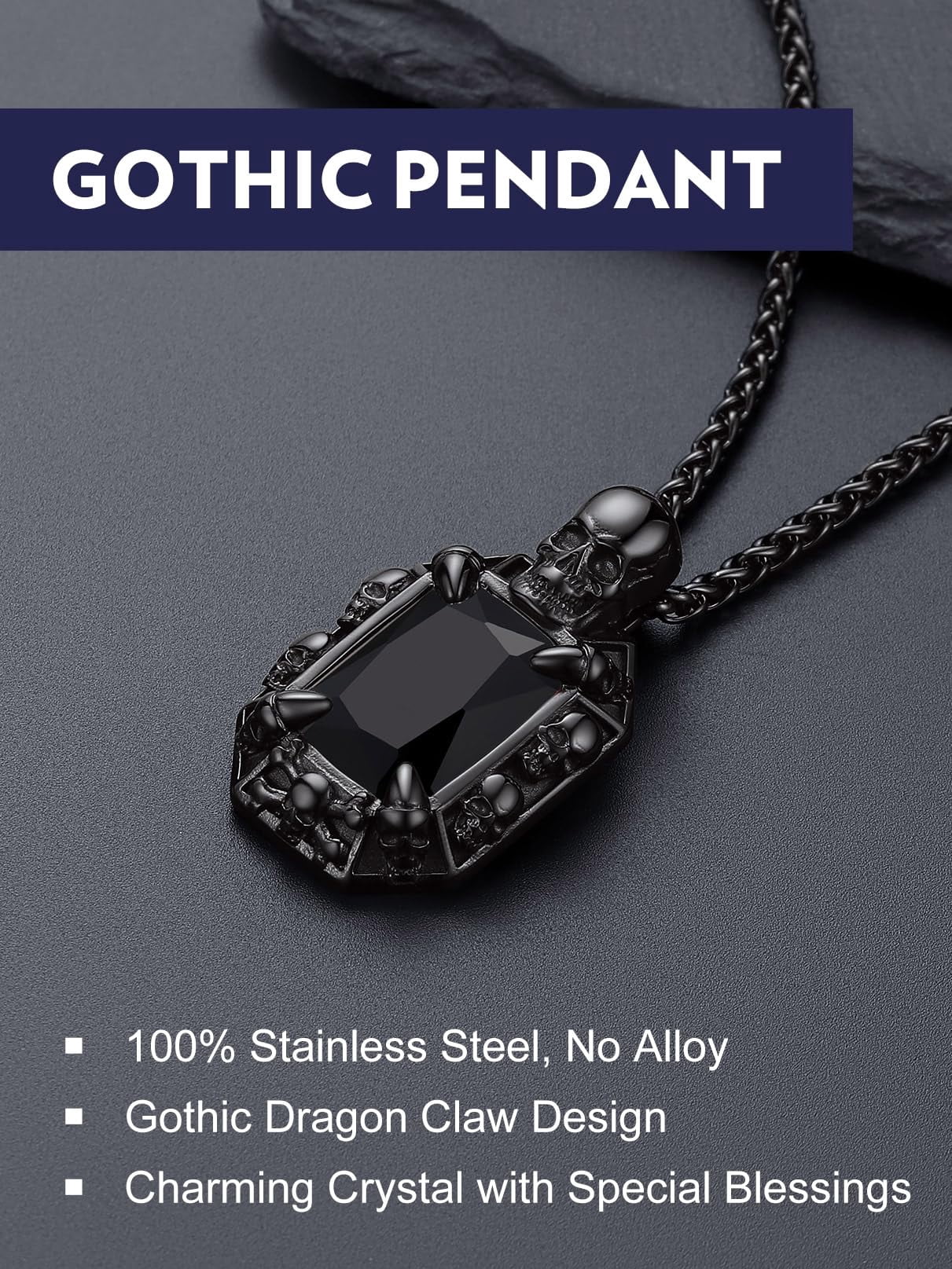 Bandmax Gothic Style Men Black Stainless Steel Necklace Skull Pendant for Men Women Black Onyx Pendant Biker Necklace Gift