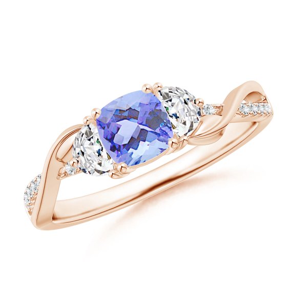 ANGARA Natural Cushion Tanzanite and Half Moon Diamond Leaf Ring in 14K Rose Gold for Women (Size-5mm) | December Birthstone, Birthday, Anniversary, Jewelry Gift for Women | Natural Tanzanite Ring