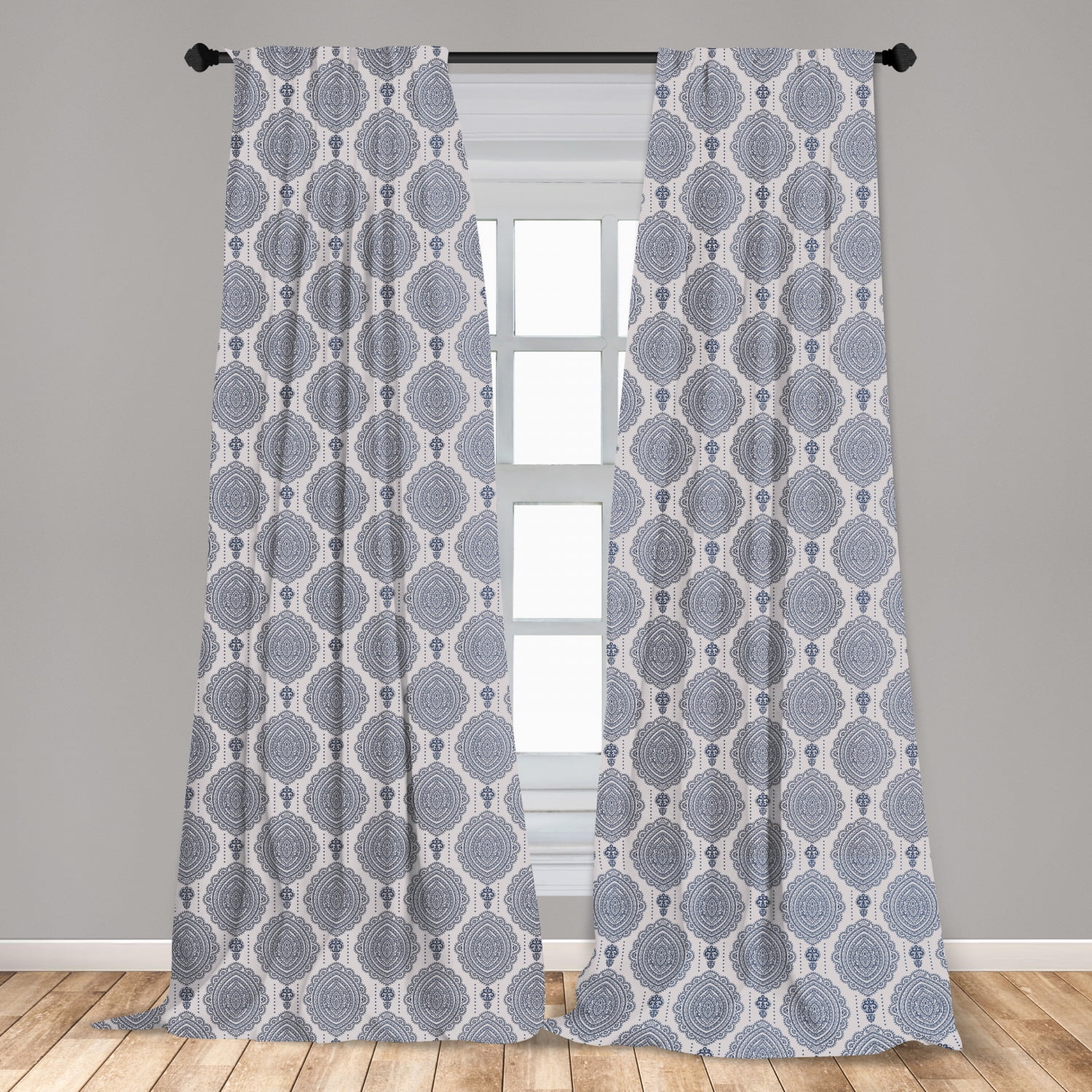 Damask Curtains 2 Panels Set, Abstract Medallion Arrangement of Vintage