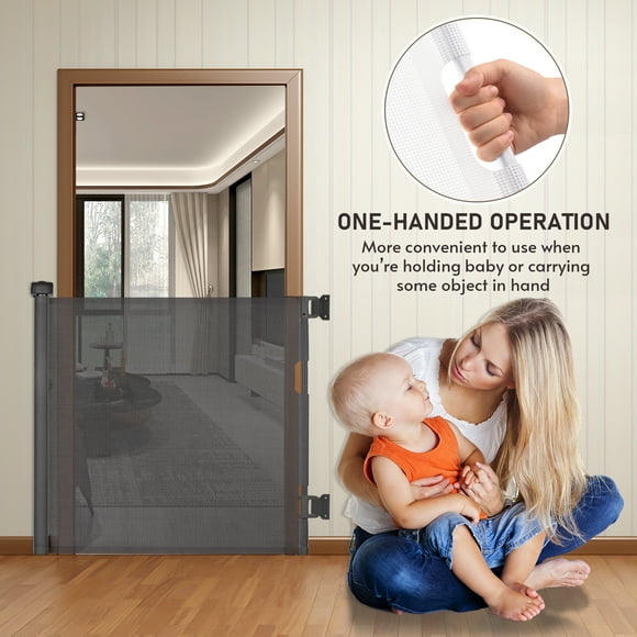 For Retractable Baby Gate Indoor/Outdoor Safety Gate for Kids Pets Mesh Fence 33.8 Inch Tall Extends to 55 Inch with Upgraded Locking Button Wide Safety Barrier for Stairs Hallways