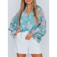 thumbnail image 1 of Women's Sky Blue Floral Split Neck Ruffled Puff Sleeve Blouse, 1 of 5