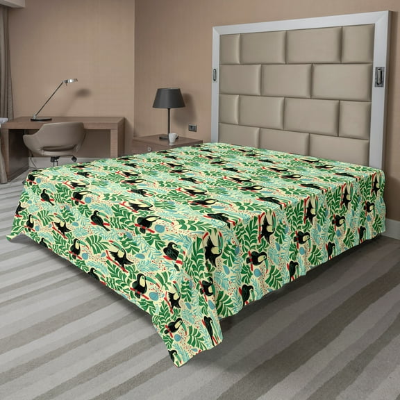 Ambesonne Tropical Flat Sheet, Endemic Toucans Pinnate, King Size, Pale Yellow Multicolor