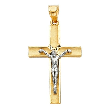 14k Two Tone Gold Yellow & White Polish 1 1/4 inch Curved Cross Pendant Crucifix Jesus Religious No Chain
