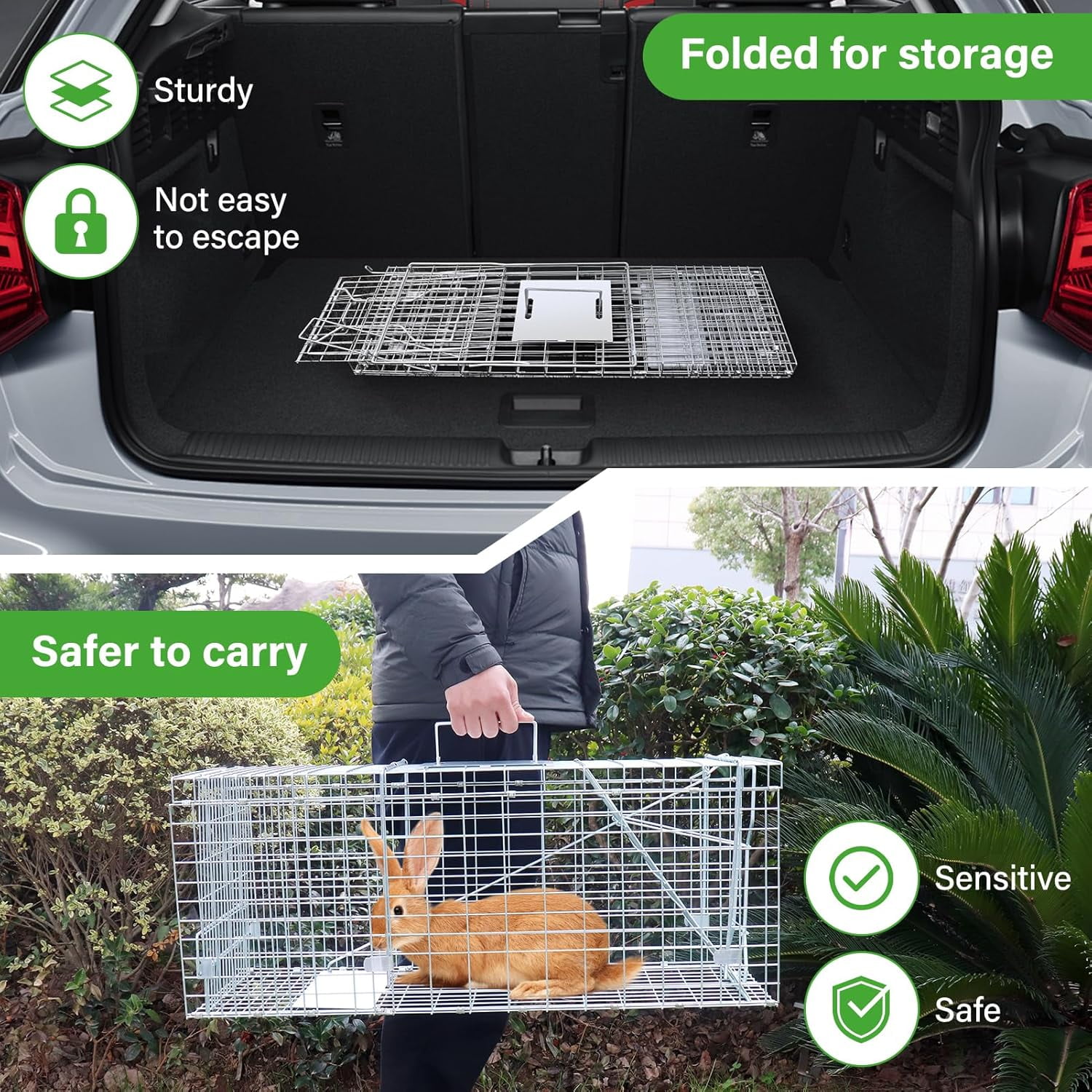 ZephyPaws 32" Live Animal Cage Trap,Humane Cat Trap Galvanized Iron,Heavy Duty Folding Animal Trap with Handle for Rabbits, Stray Cats, Raccoons,Groundhogs and Opossum(31 * 11.4 * 12.5inch)