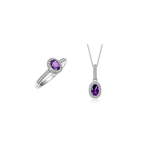 RYLOS Matching Jewelry 14K White Gold Floral Halo Set: Pendant Necklace & Matching Ring. Gemstone & Diamonds, 18" Chain. 6X4MM Amethyst February Birthstone Jewelry Size 5