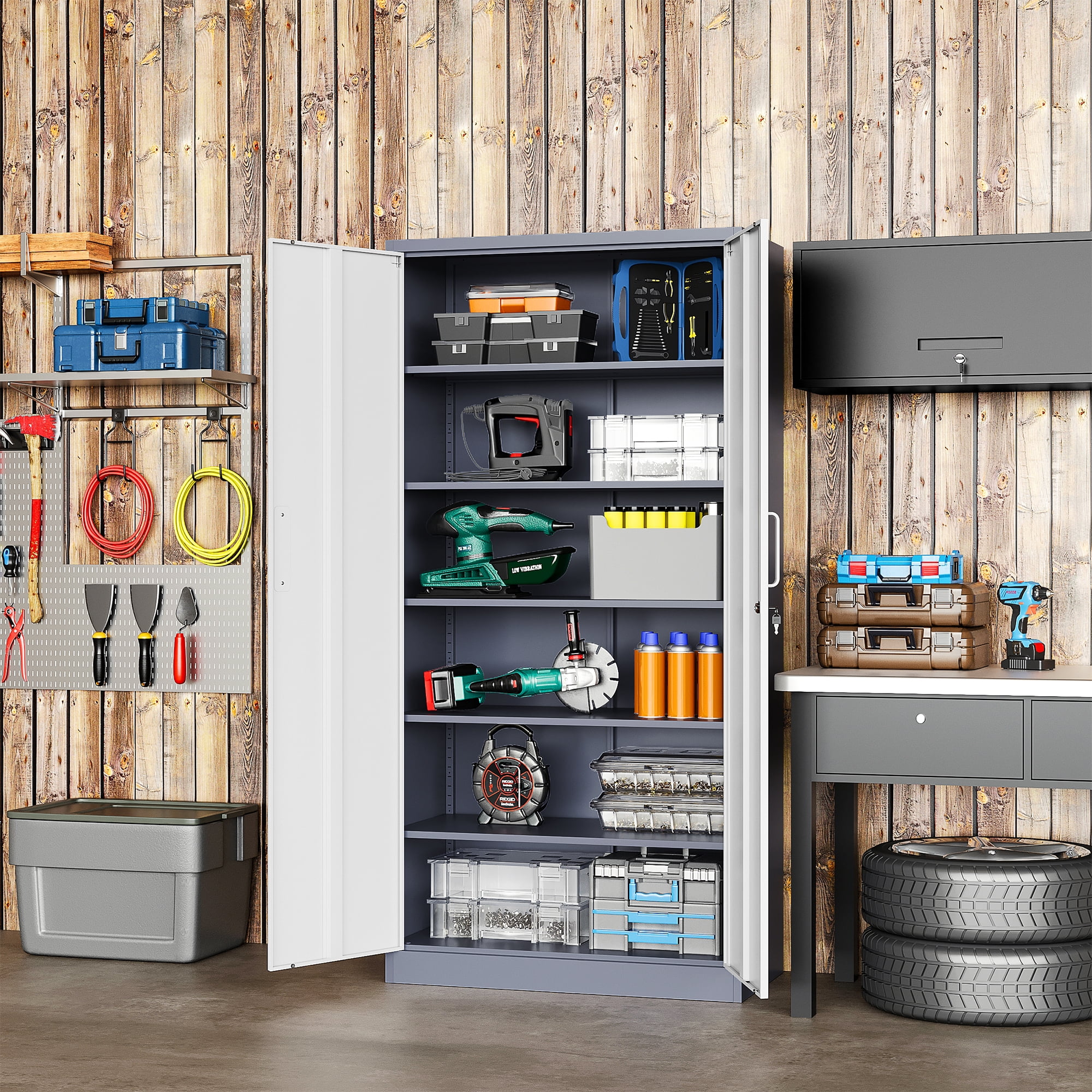Fesbos 72" Metal Storage Cabinet with 5 Adjustable Shelves,Tall Lockable Tools Cabinet, White&Gray Steel Garage Storage Cabinets for Home Office,Pantry,Hospital