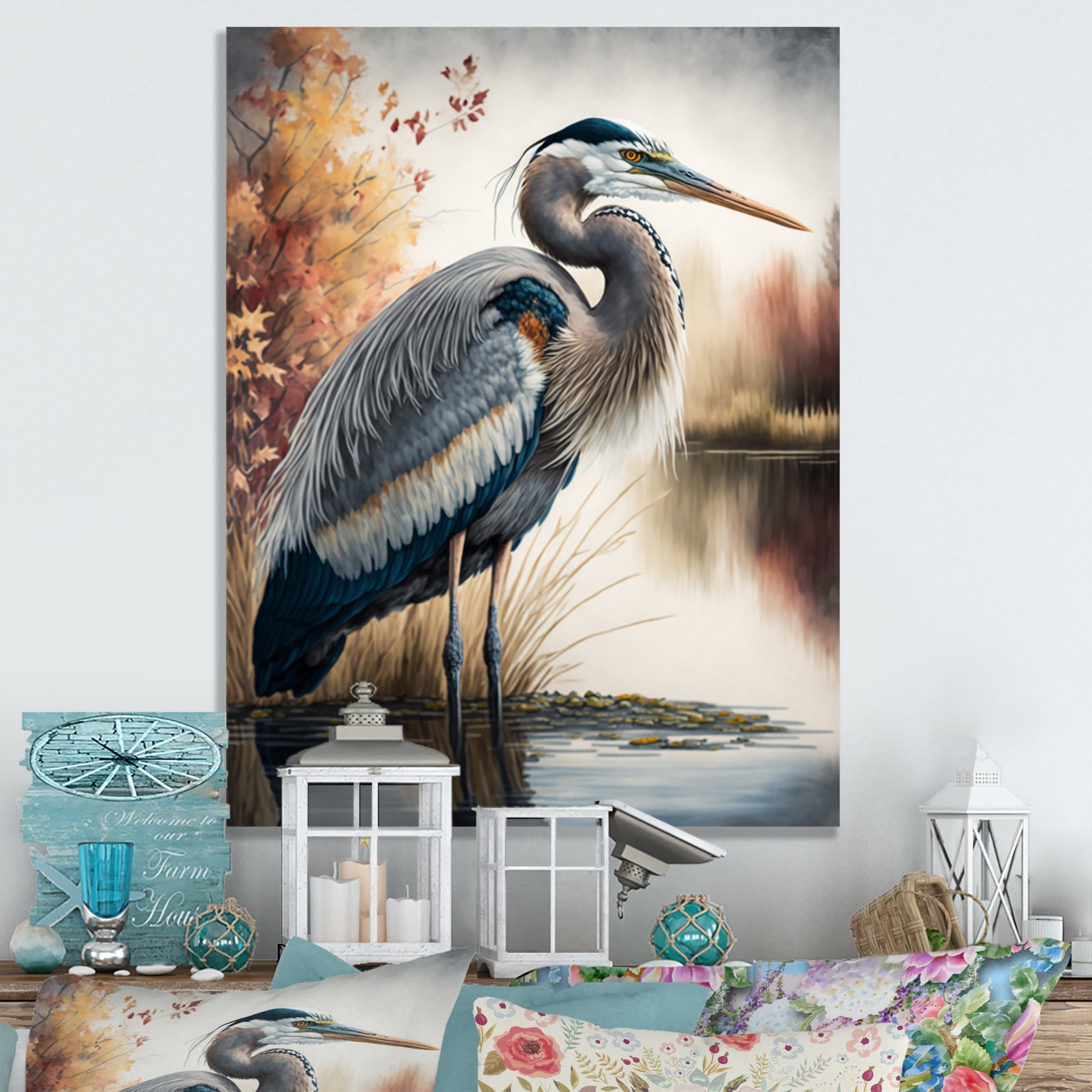 Designart Vibrant Heron In A Lake Floral Art IV Canvas Wall Art