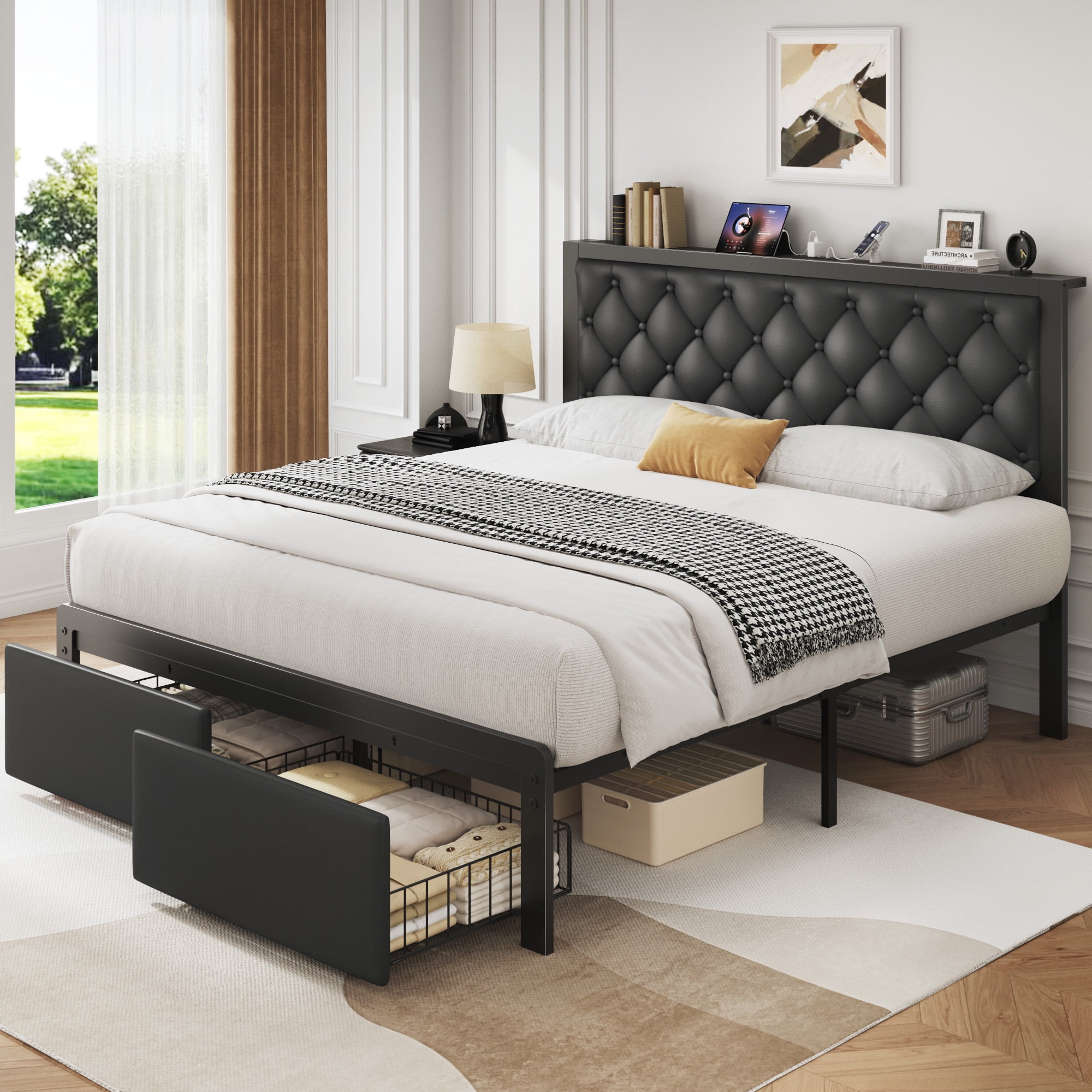 Fluest Bed Frame with Leather Upholstered Headboard, Lockable Storage, Queen Size, Black