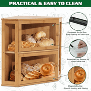 YUCHANG Corner Bread Box for Kitchen Counter, Bamboo Large Capacity Bread Storage Bin with Acrylic Door Panel