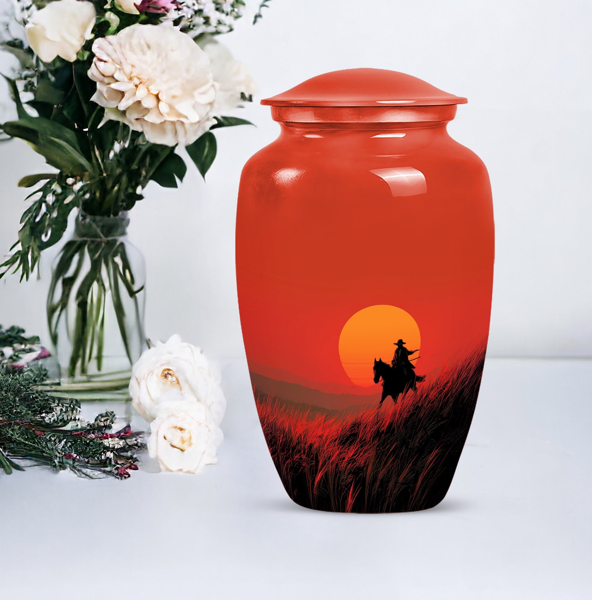 Sunset Cowboy Memorial Keepsake Urns For Ashes, Large Decorative Cremation Urns For Human Ashes Mom & Dad, Cremation Urns For Adult Women Ashes (Size-10 inch 1 Pc, 3 Inch 1pcs)