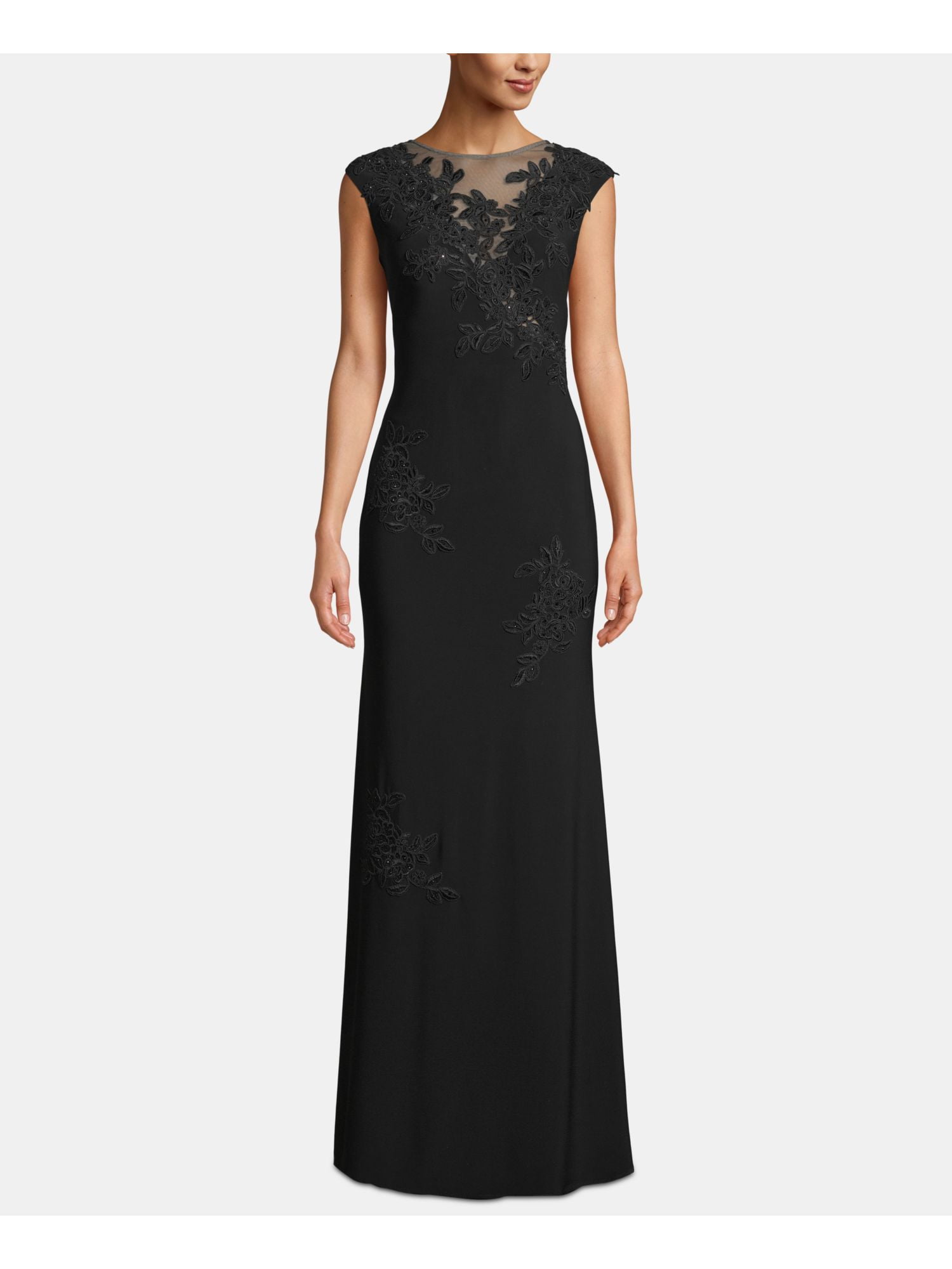 xscape cap sleeve embroidered gown
