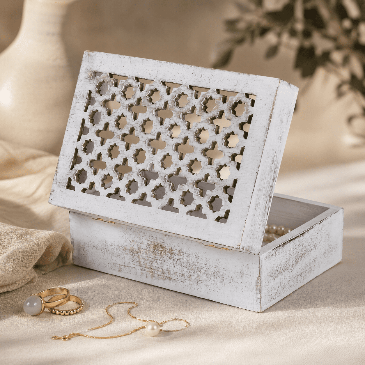 Decorative Distressed White Mango Wood Box with Lid - "Trellis" Medium Keepsake Box - Handmade Decorative Box with Lid for Use As Memory Box, Jewelry Box, Photo Storage Box, & More - 7.5"x"4.5"x3"