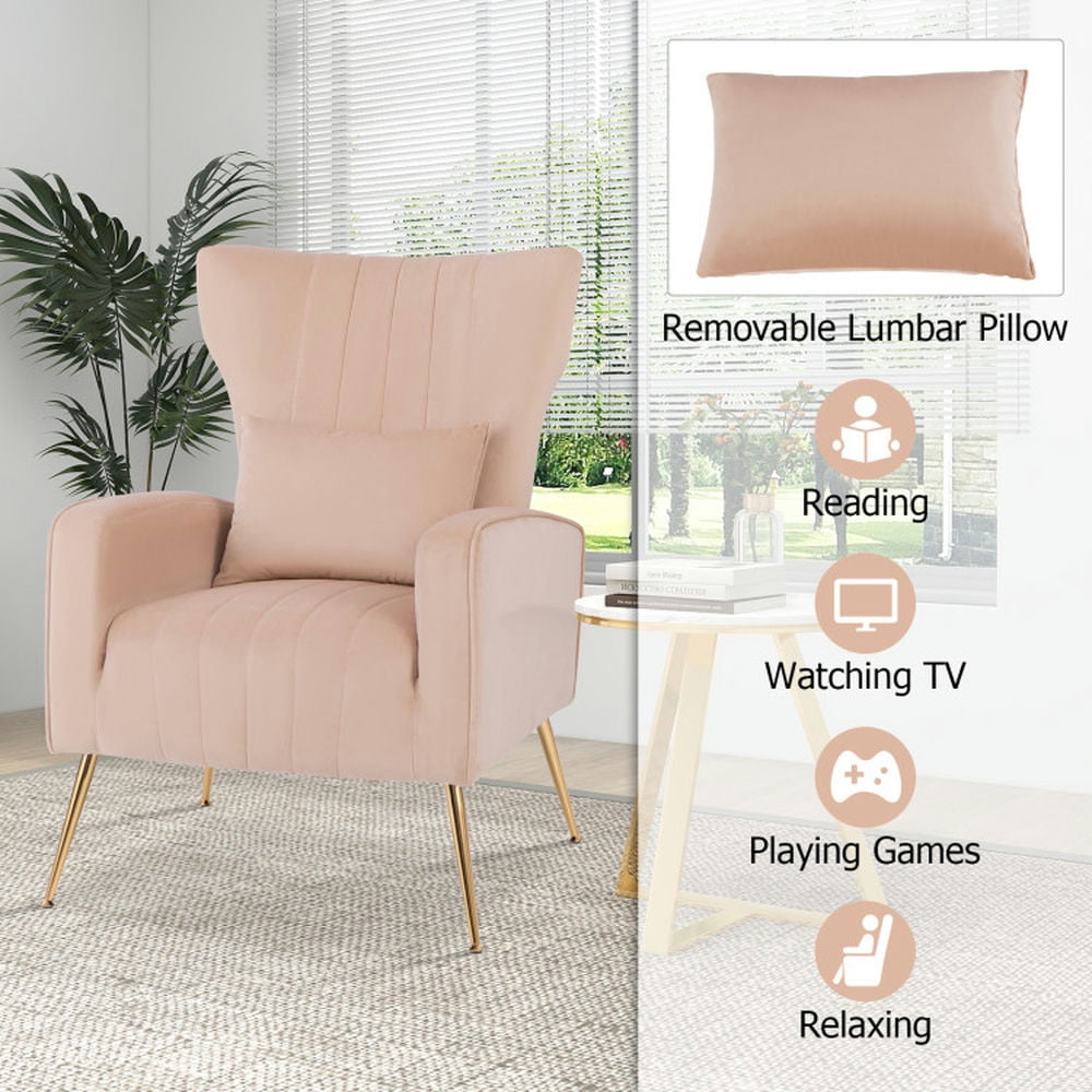 Finihen Accent Chair, Wingback Accent Armchair, Modern Accent Chair, Velvet Upholstered Wingback Chair with Lumbar Pillow and Golden Metal Legs, for Living Room, Bedroom, Pink Finihen Accent Chair, Wingback Accent Armchair, Modern Accent Chair, Velvet Upholstered Wingback Chair with Lumbar Pillow and Golden Metal Legs, for Living Room, Bedroom, Pink