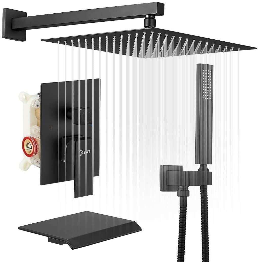 Black Shower Faucet Set Mixer Valve 12inch Rain Shower Head Combo System with Tub Spout
