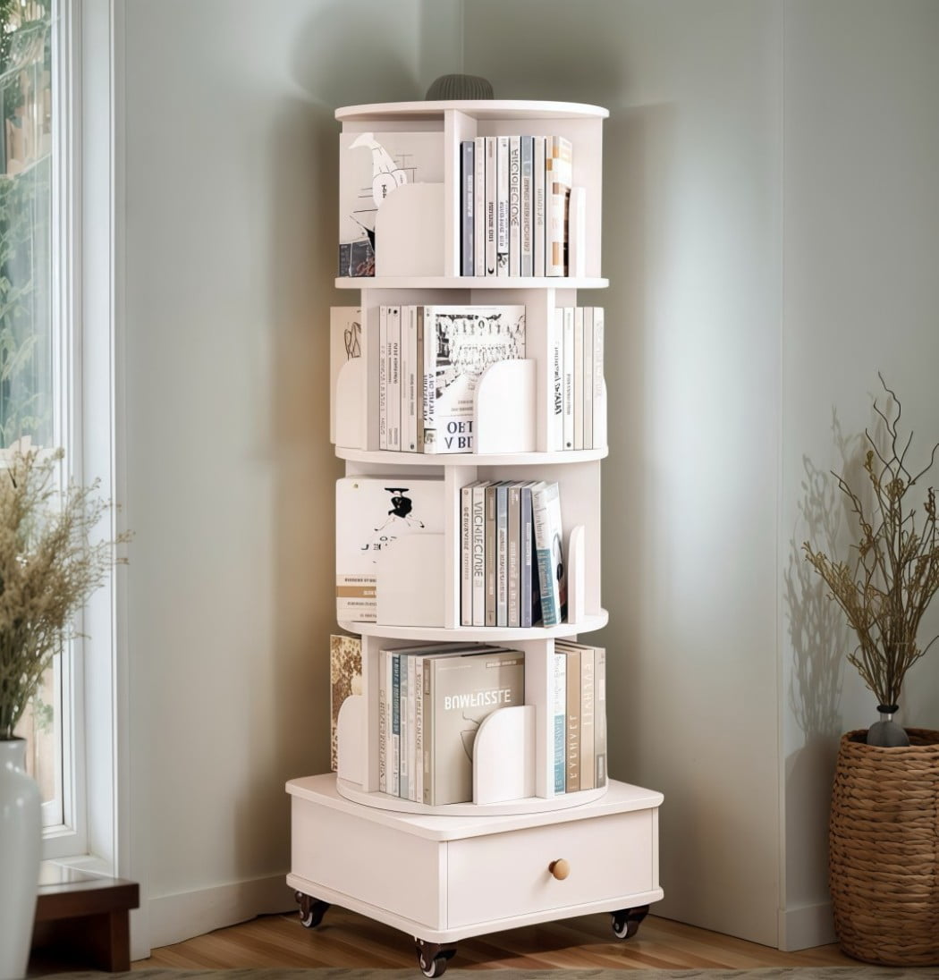 5-Tier Rotating Bookshelf with Drawer, 360° Spinning Corner Bookcase, Narrow Space-Saving Floor Standing Storage Rack for Bedroom, Living Room, White