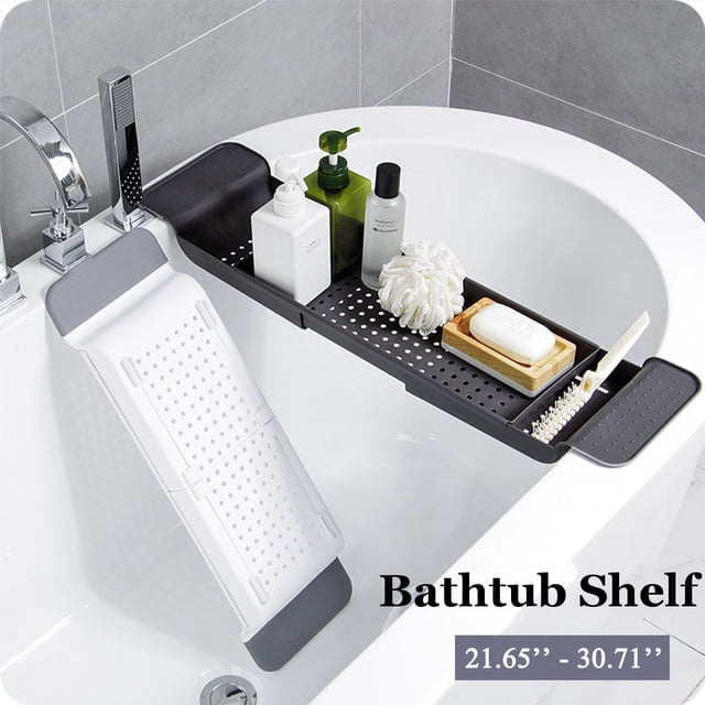 Expandable Drain Bath Shelf Caddy Tray, Multifunctional Plastic Bathtub Tray Bathroom Organizer Simple Stylish Bathtub Storage Rack for Candle Towel, Book, Wine, Phone, Shower