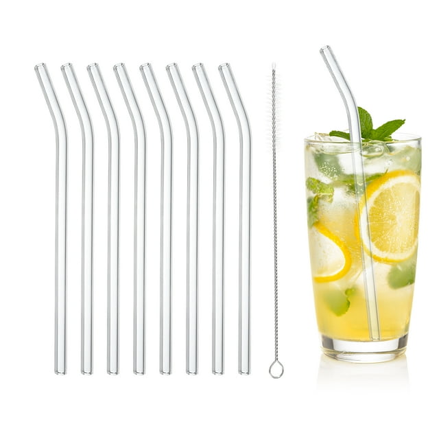Uxcell 8 Pcs Pajillas de Vidrio Reutilizables, Pajilla de Vidrio Curvada de 7.87", Transparente
