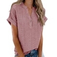 thumbnail image 4 of Hfnxid Linen Tops for Women Trendy Henley Short Sleeve Shirt Eyelet Lightweight Breathable Shirts Loose Fit Casual Button Up Blouses Pink XXL, 4 of 9
