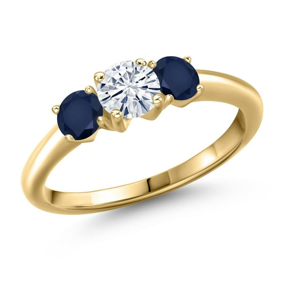 Gem Stone King 10K Yellow Gold White Moissanite and Blue Sapphire Engagement Ring for Women | 1.20 Cttw | Round 5MM | Gemstone Birthstone | Size 6