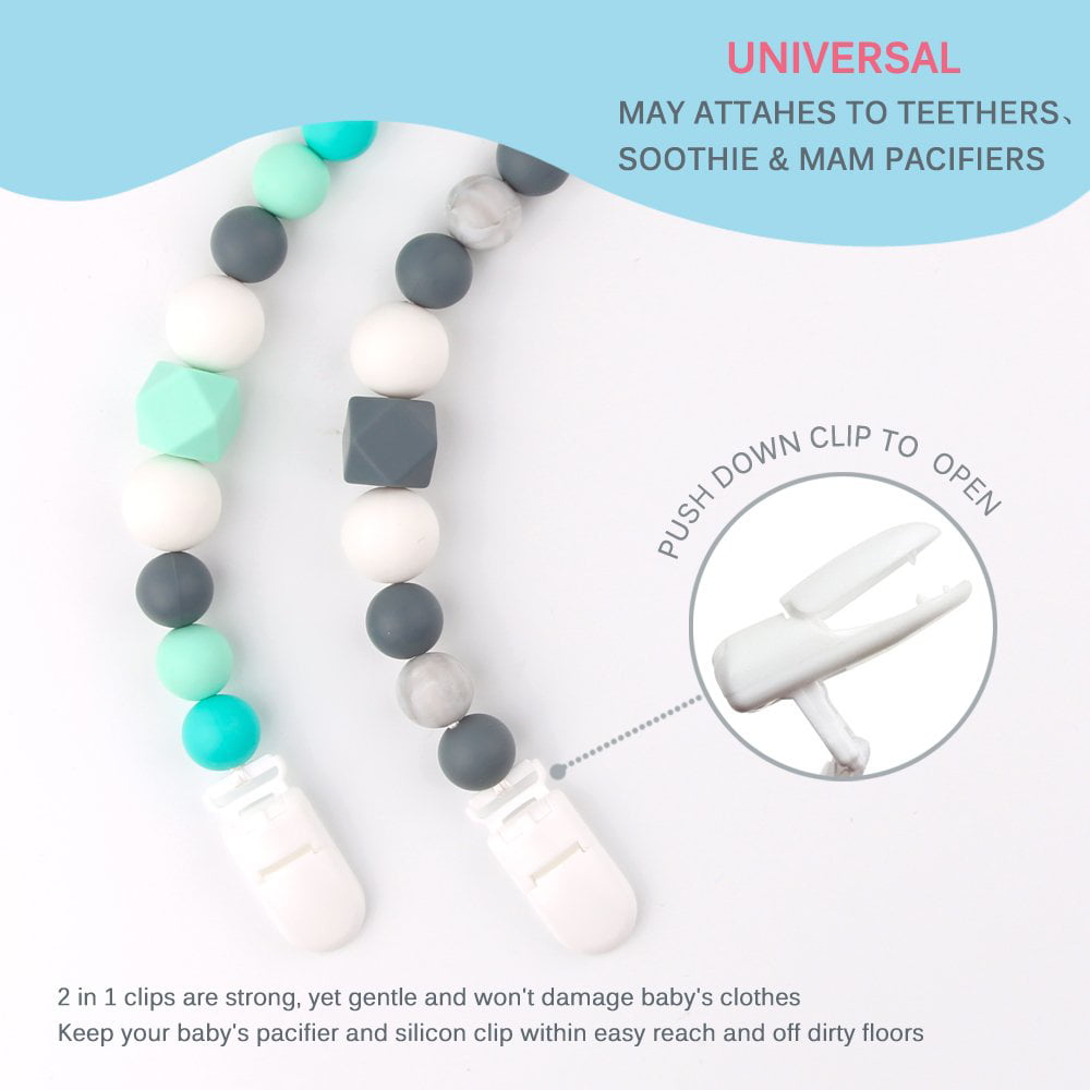 Gray,Moss Green Pacifier Clip,Silicone Paci Clips Baby Boys Gender Neutral Teething Relief Chewable Beads Soothie Teether Toys Chain Holder for Shower Gift 2 Packs 