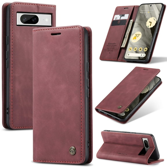 SaniMore Case for Google Pixel 8A (2023), Premium PU Leather Magnetic Cover Card Slots Cash Pocket Flip Kickstand Shockproof TPU Shell Book Folio Full Protective Business Cover, Winered